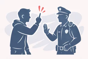 Minimalistische Illustration eines Mannes, der gegenüber einem Polizeibeamten den Mittelfinger zeigt – Symbolbild zum Thema Beleidigung gegenüber der Polizei nach § 185 StGB.