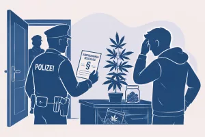 Polizei führt eine Hausdurchsuchung wegen Cannabis durch. Ein Beamter zeigt einen Durchsuchungsbeschluss, während ein Beschuldigter neben einer Cannabispflanze steht. Symbolbild zur Hausdurchsuchung wegen Cannabis nach der Teillegalisierung.