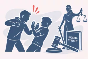 Illustration einer tätlichen Auseinandersetzung zwischen zwei Jugendlichen mit Justizsymbolen zum Thema schwere Körperverletzung und Körperverletzung im Jugendstrafrecht.