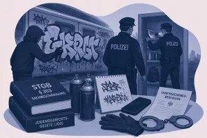 Symbolische Illustration zu einem Ermittlungsverfahren wegen Graffiti: besprühter Zug, Graffiti-Tags, Polizeidurchsuchung sowie Beweismittel wie Spraydosen und Mobiltelefon im Zusammenhang mit Sachbeschädigung nach § 303 StGB.