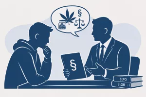 Illustration einer strafrechtlichen Beratung zwischen Mandant und Strafverteidiger mit Bezug zu Cannabis, Betäubungsmitteln und dem deutschen Strafrecht